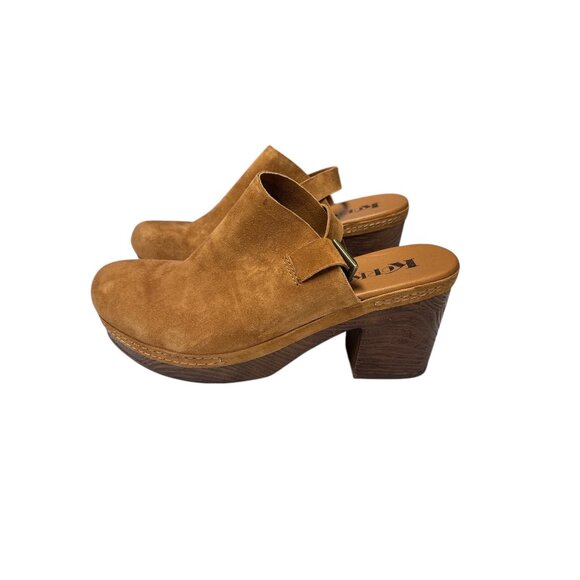 Korks Womens Tan Suede Platform Block Heel Mules With Adjustable Strap - Picture 4 of 10